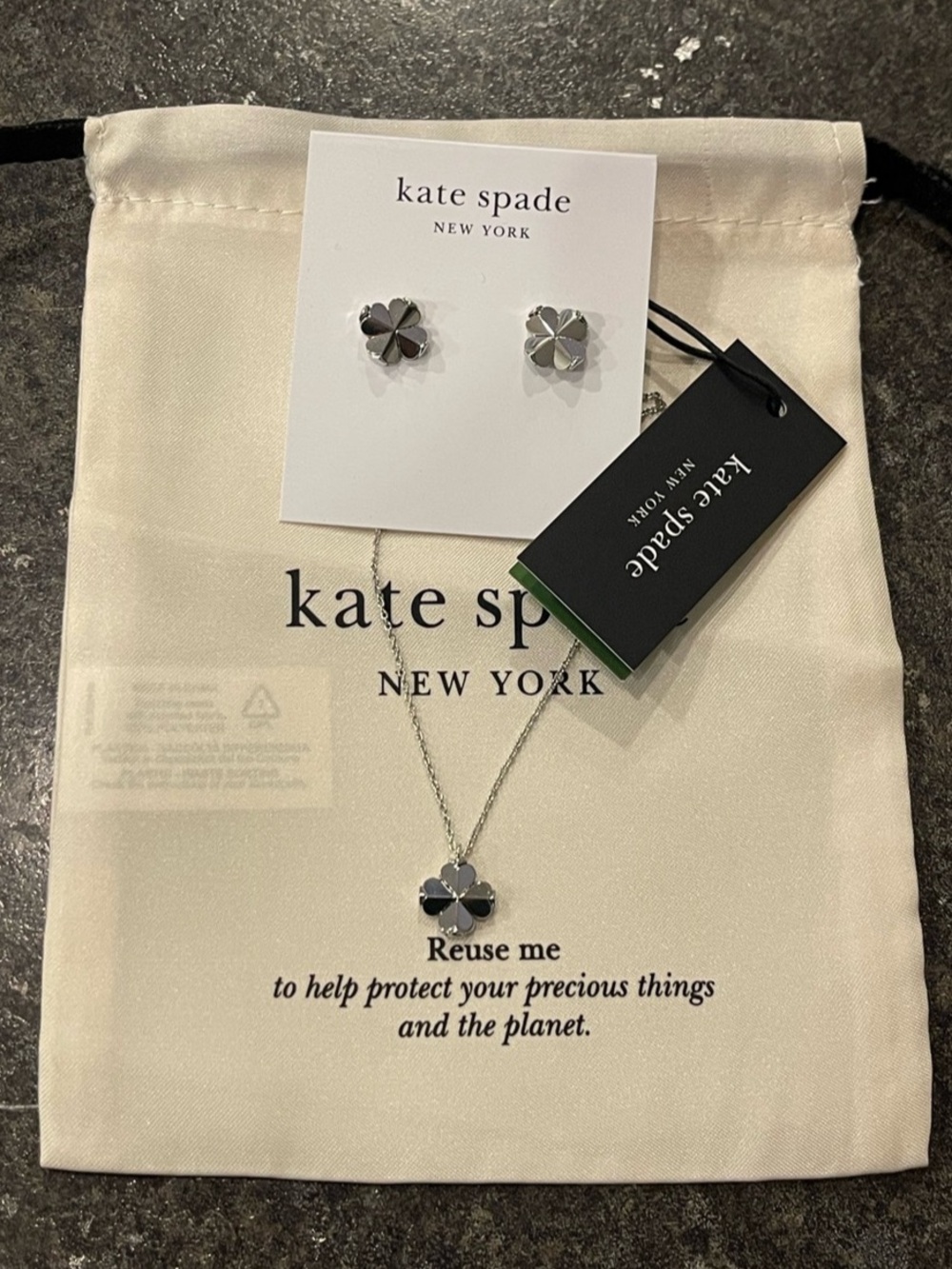 NWT Kate Spade Silver Spade Flower Pendant and Earrings Set